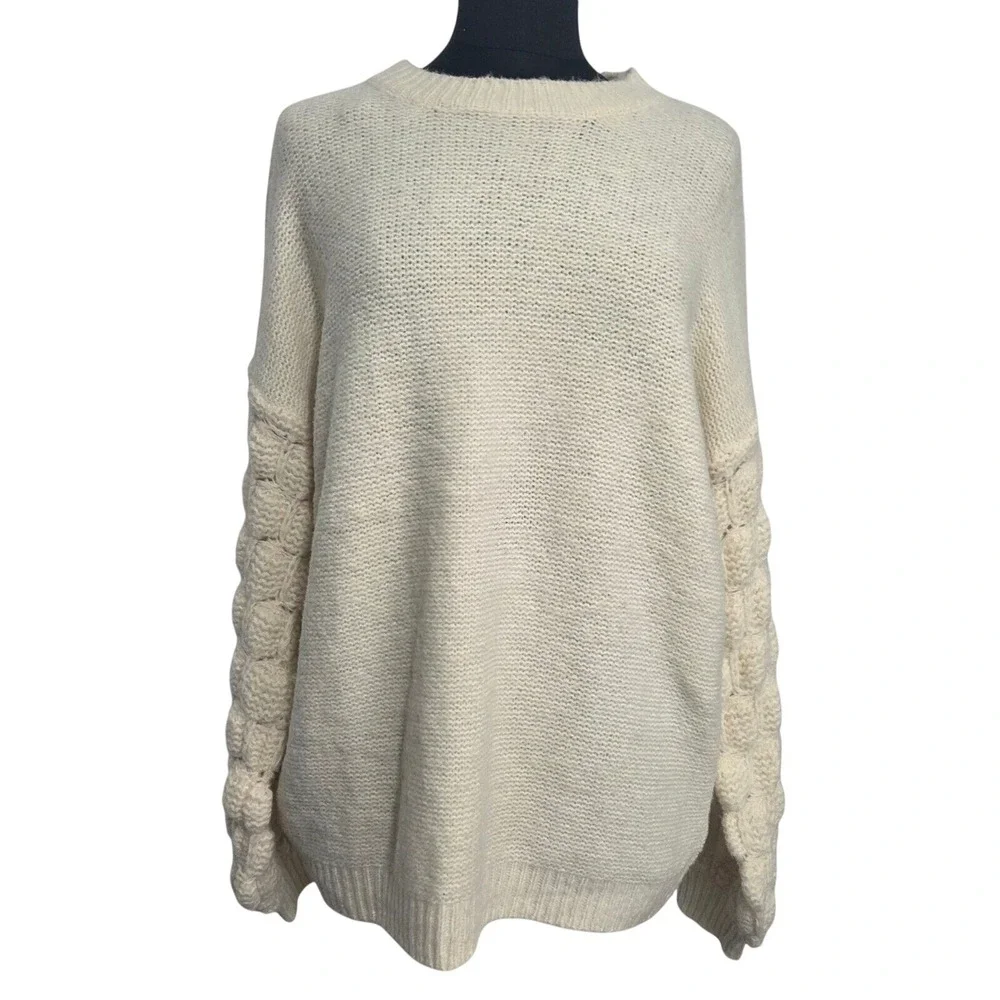 Jodifl Ivory Oversized Popcorn Bubble Sleeve Knit Sweater H8104 Cream Small